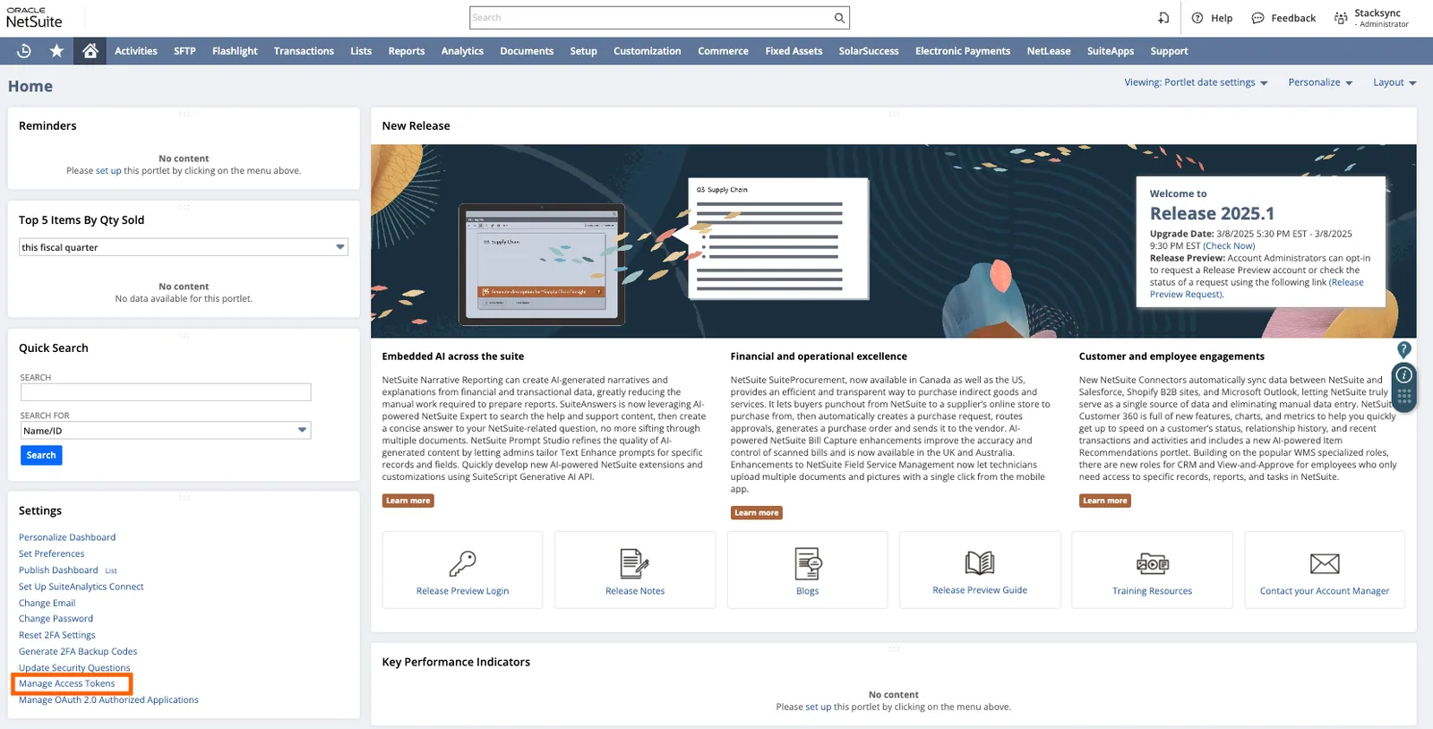 NetSuite Home dashboard with the "Manage Access Tokens" link highlighted in the Settings portlet at the bottom left.