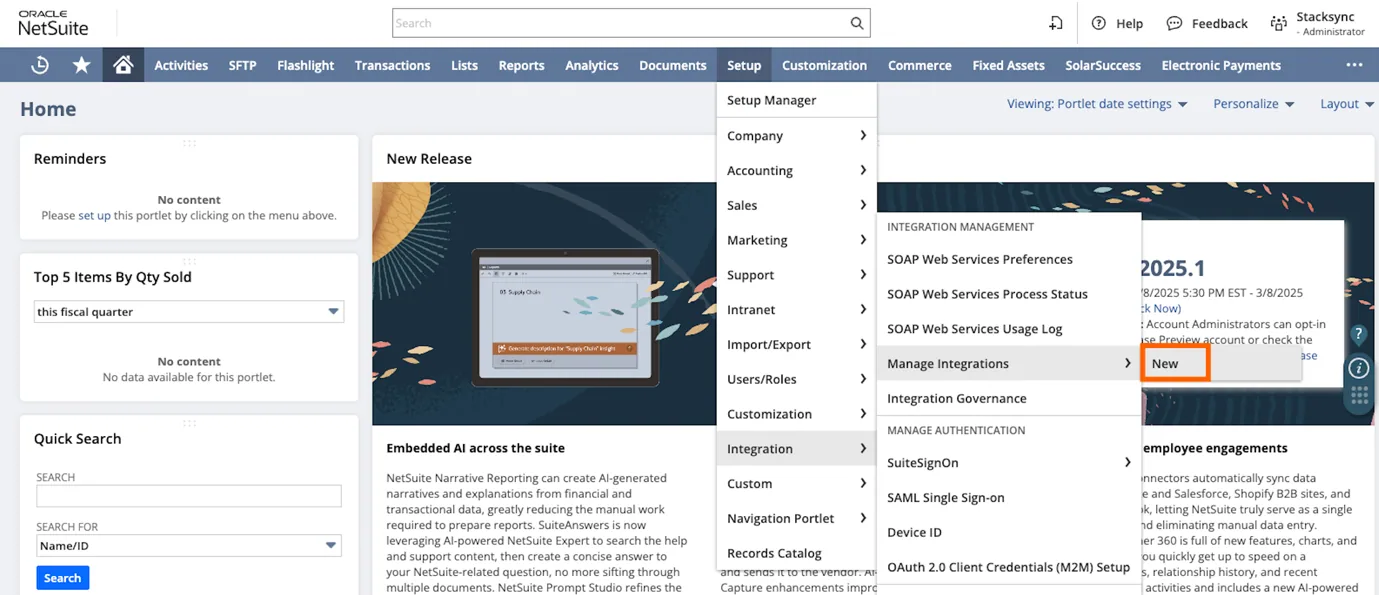 NetSuite Setup menu open to Integration, then Manage Integrations, with "New" highlighted.