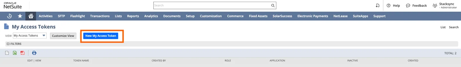 NetSuite "My Access Tokens" page with the "New My Access Token" button highlighted.