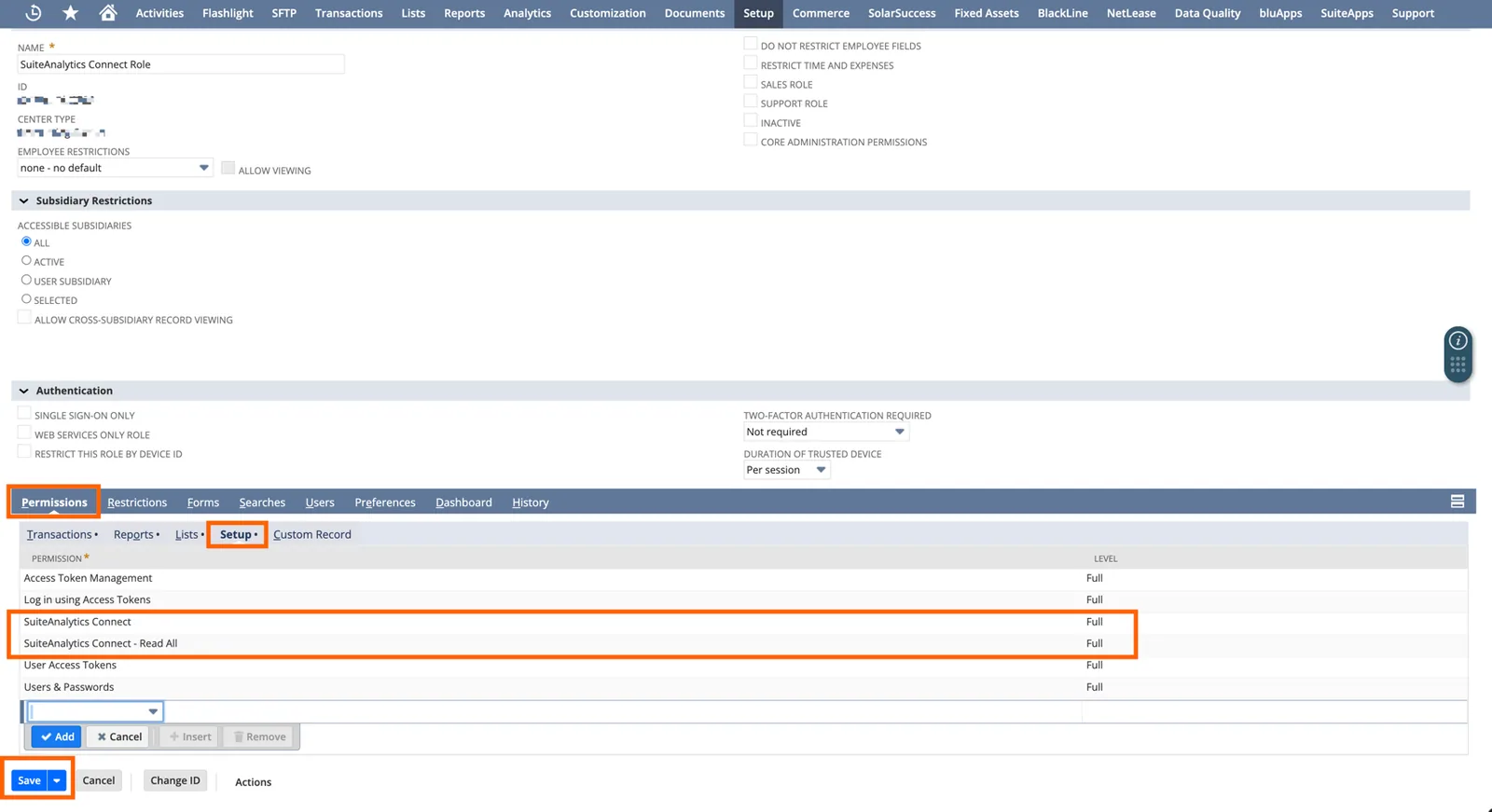 NetSuite role page with Permissions > Setup tab adding "SuiteAnalytics Connect" and "Read All" at Full level, and Save highlighted.