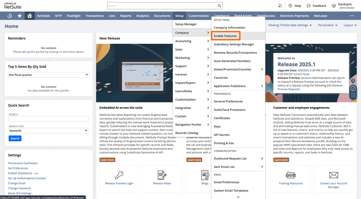 NetSuite Setup menu open to Company with "Enable Features" highlighted.