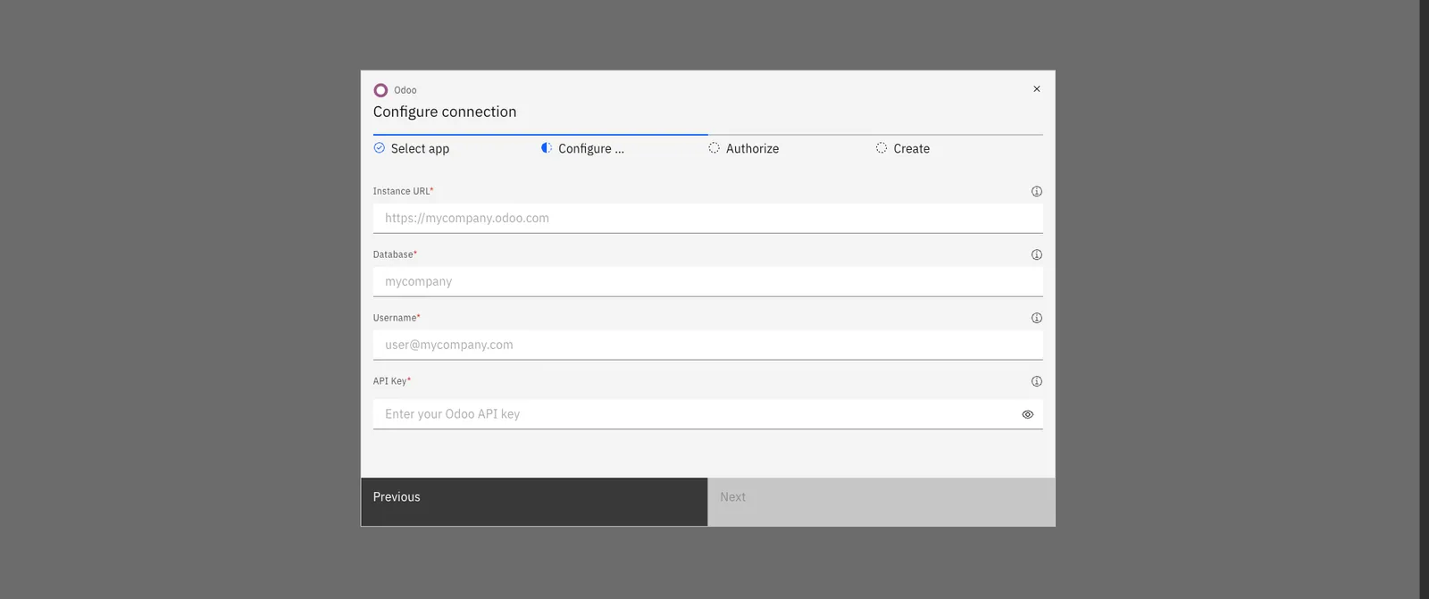 Stacksync Odoo "Configure connection" step with Instance URL, Database, Username and API Key fields.