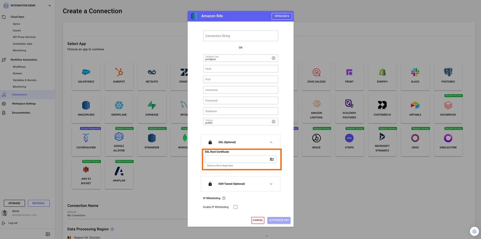 Stacksync Amazon RDS connection dialog with the SSL (Optional) section expanded and the "SSL Root Certificate" file upload highlighted.