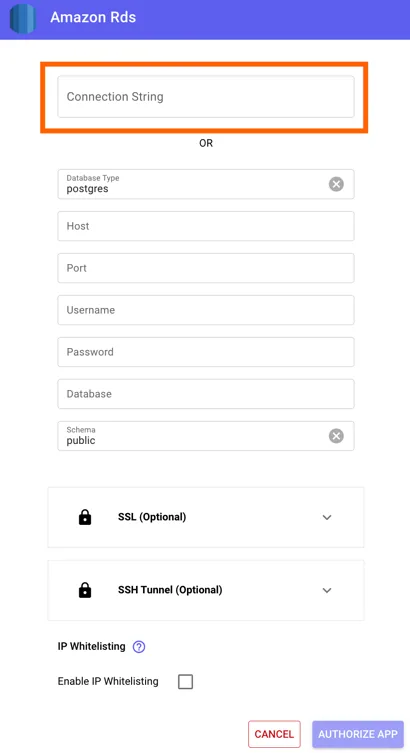 Stacksync Amazon RDS connection dialog with the "Connection String" field highlighted above the individual parameter fields.