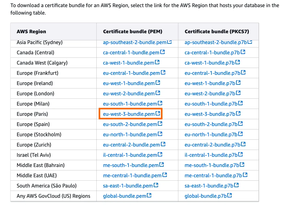 AWS docs table of RDS certificate bundles by region with "eu-west-3-bundle.pem" for Europe (Paris) highlighted.