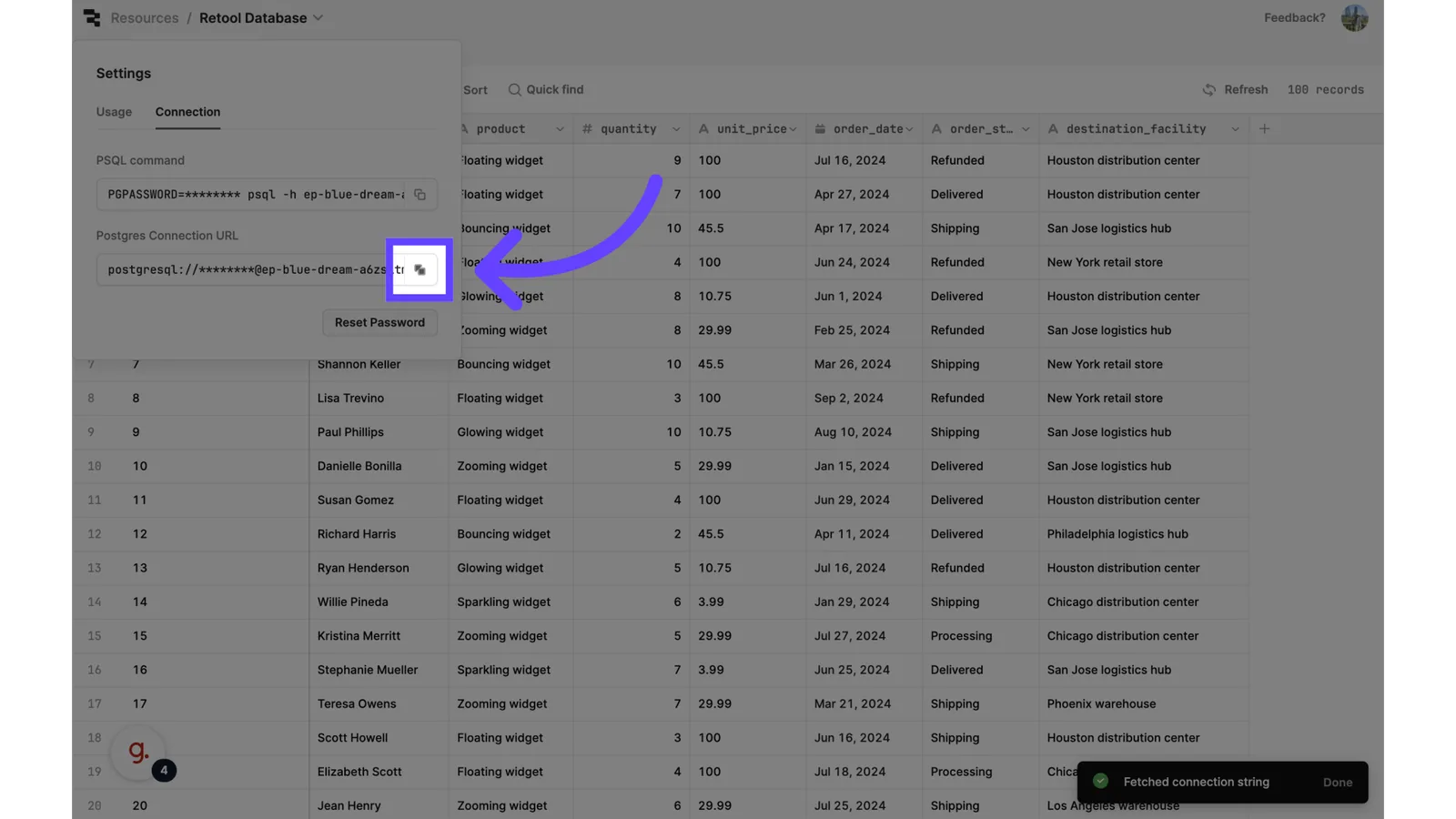 Retool Database Connection settings with the revealed postgresql:// URL and an arrow pointing to the copy button.