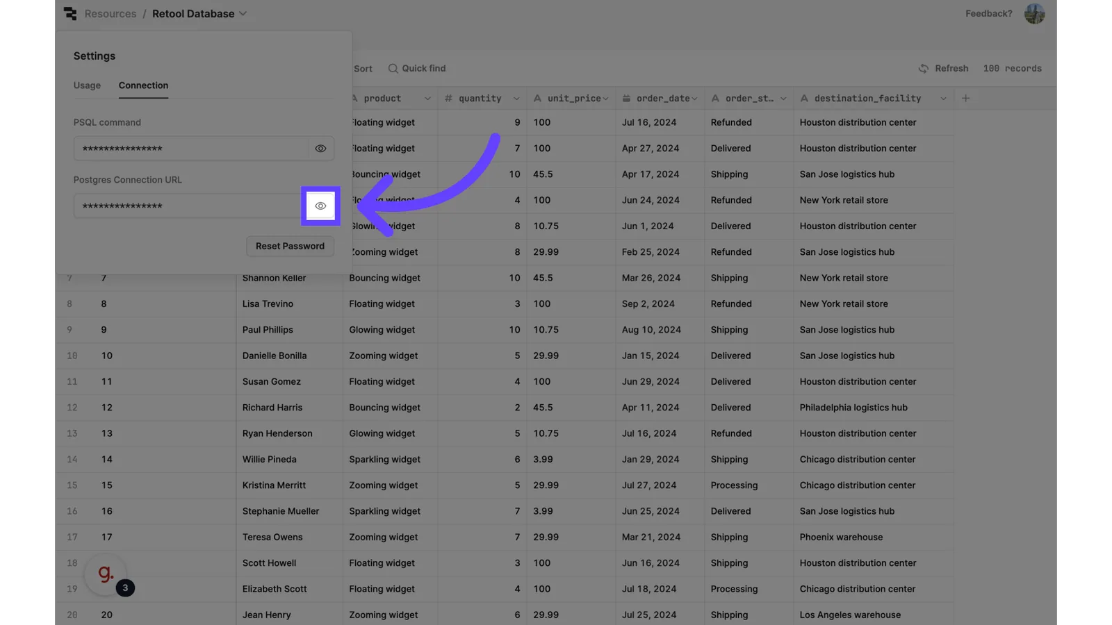 Retool Database Connection settings with an arrow pointing to the eye icon that reveals the "Postgres Connection URL".