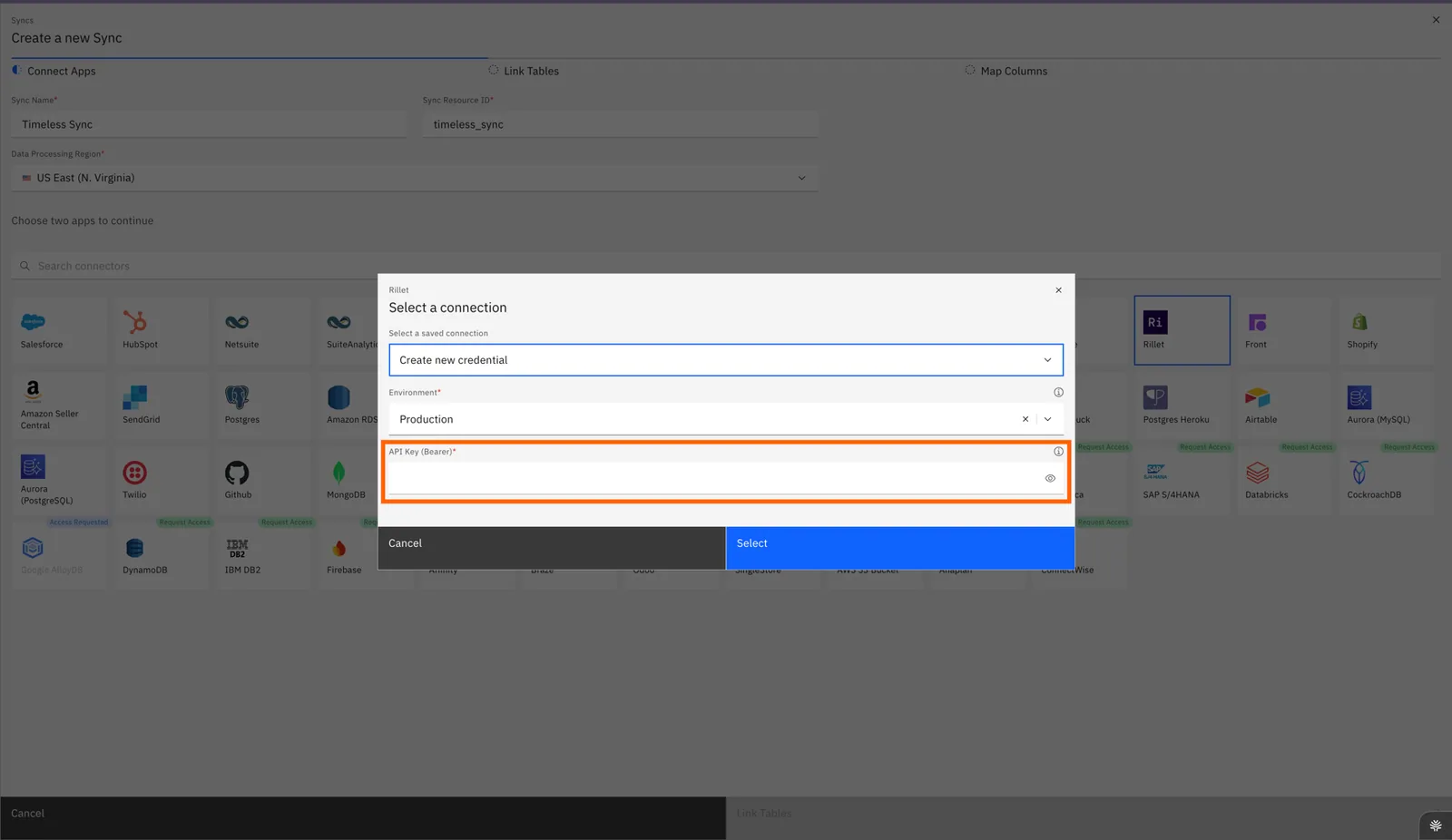 Stacksync Rillet "Select a connection" dialog with Environment "Production" and the "API Key (Bearer)" field highlighted.