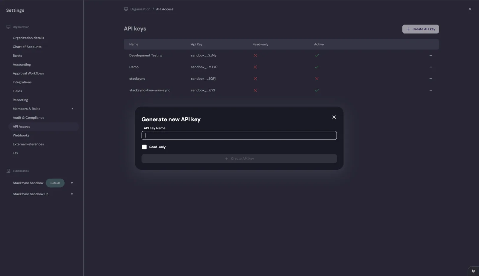 Rillet "Generate new API key" dialog with an "API Key Name" field, a "Read-only" checkbox and a "Create API Key" button.