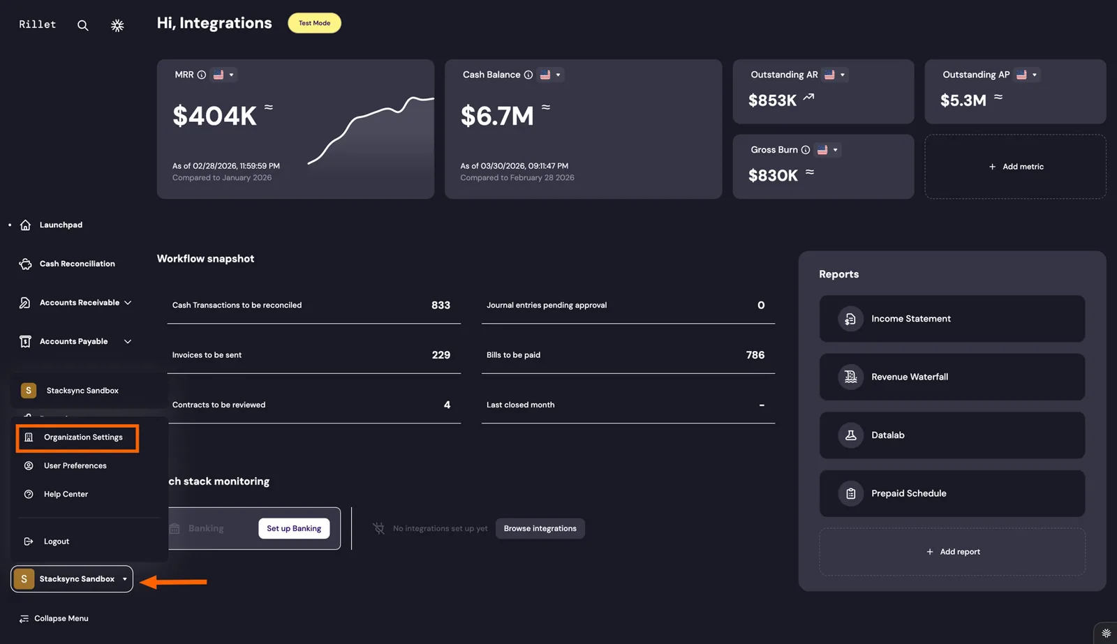 Rillet dashboard with the "Stacksync Sandbox" account menu open and "Organization Settings" highlighted.