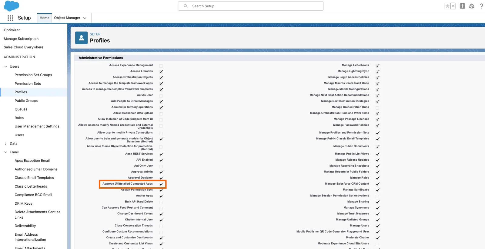 Salesforce profile Administrative Permissions with "Approve Uninstalled Connected Apps" highlighted and checked.