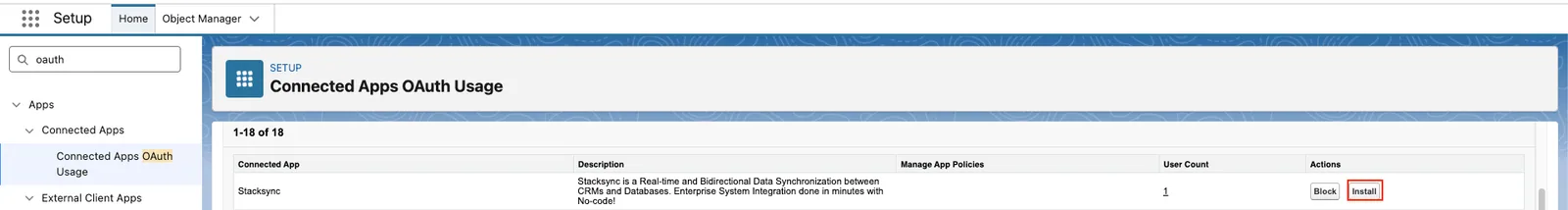 Salesforce "Connected Apps OAuth Usage" page with the "Install" button highlighted for the Stacksync app.