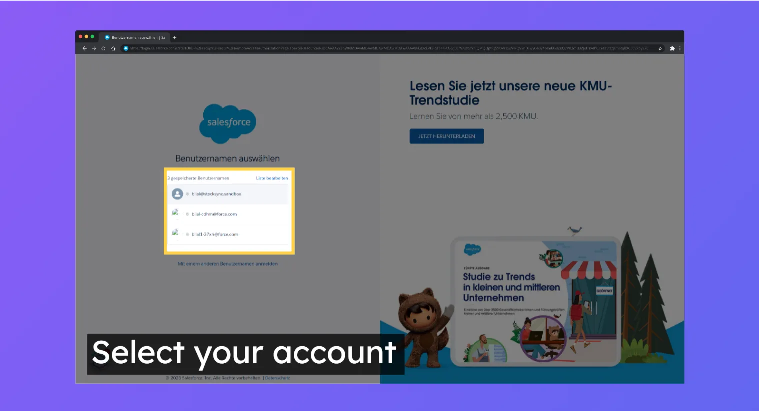 Salesforce login page listing saved usernames, highlighted with the caption "Select your account".
