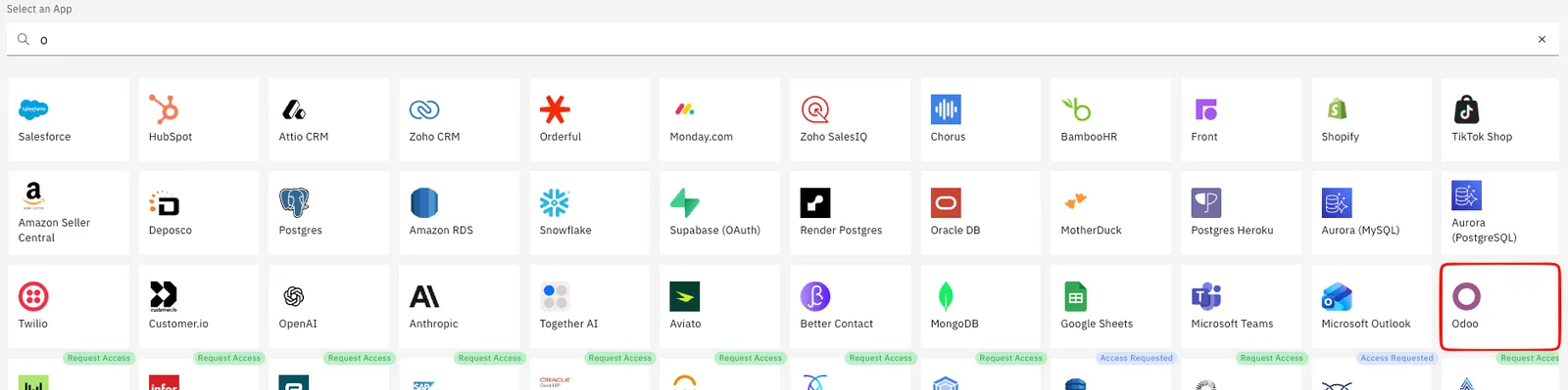 Stacksync "Select an App" grid filtered by "o" with the Odoo connector tile highlighted.