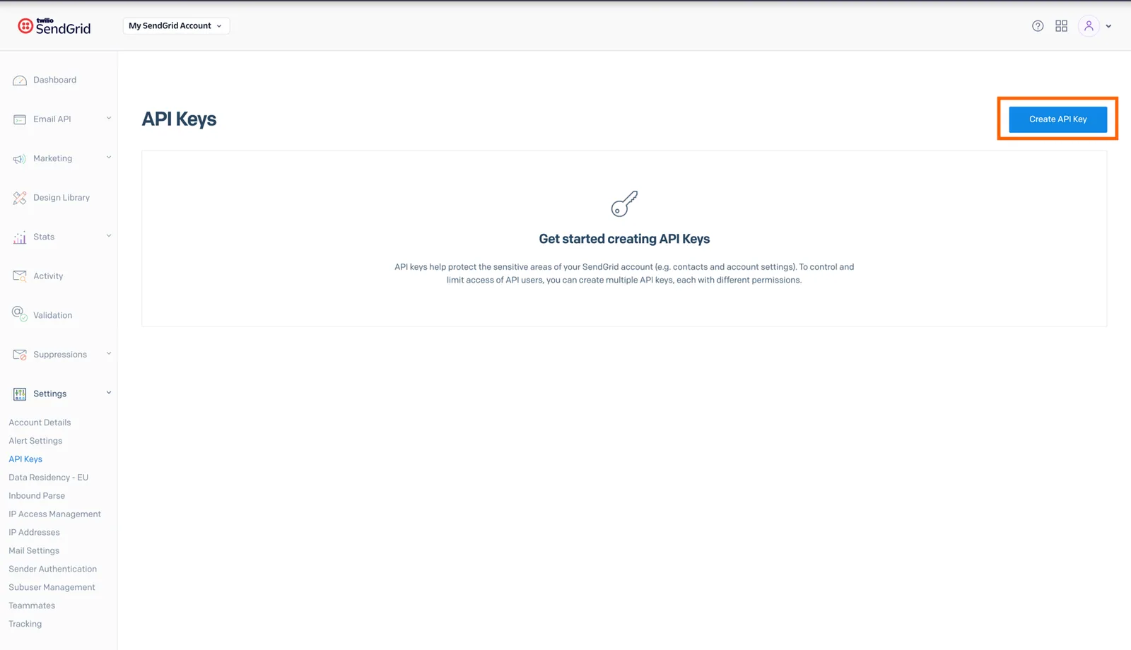 SendGrid "API Keys" page with the "Create API Key" button highlighted.