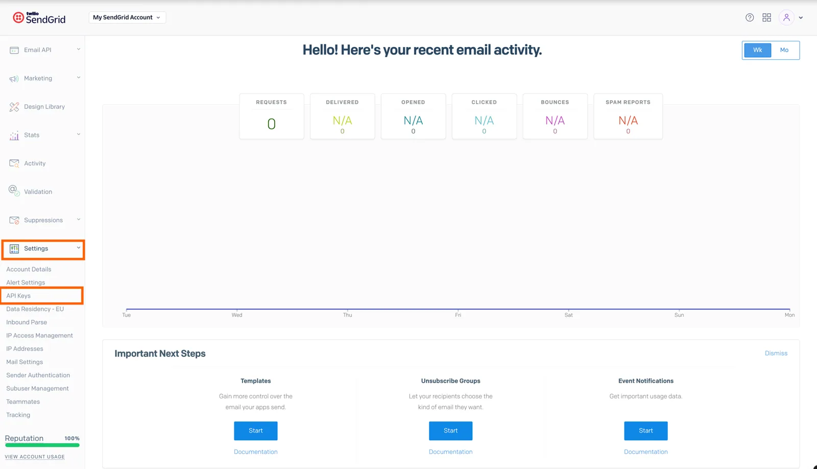 SendGrid dashboard with the "Settings" menu and its "API Keys" item highlighted.
