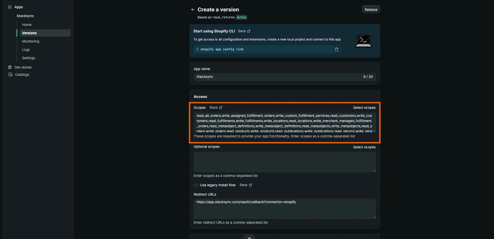 Shopify Dev Dashboard "Create a version" form with the Access Scopes field highlighted, listing comma-separated API scopes.
