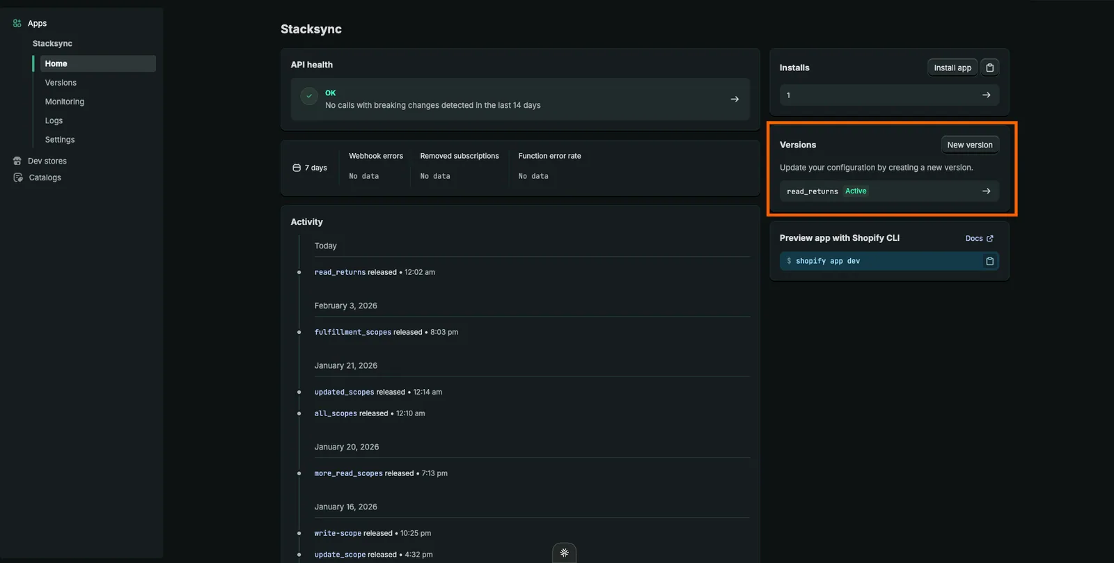 Shopify Dev Dashboard Stacksync app home with the Versions card and "New version" button highlighted.