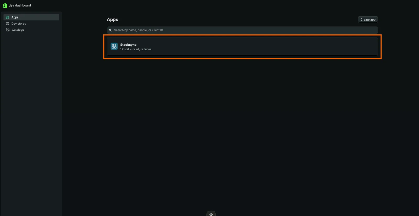 Shopify Dev Dashboard Apps list with the installed "Stacksync" app highlighted.