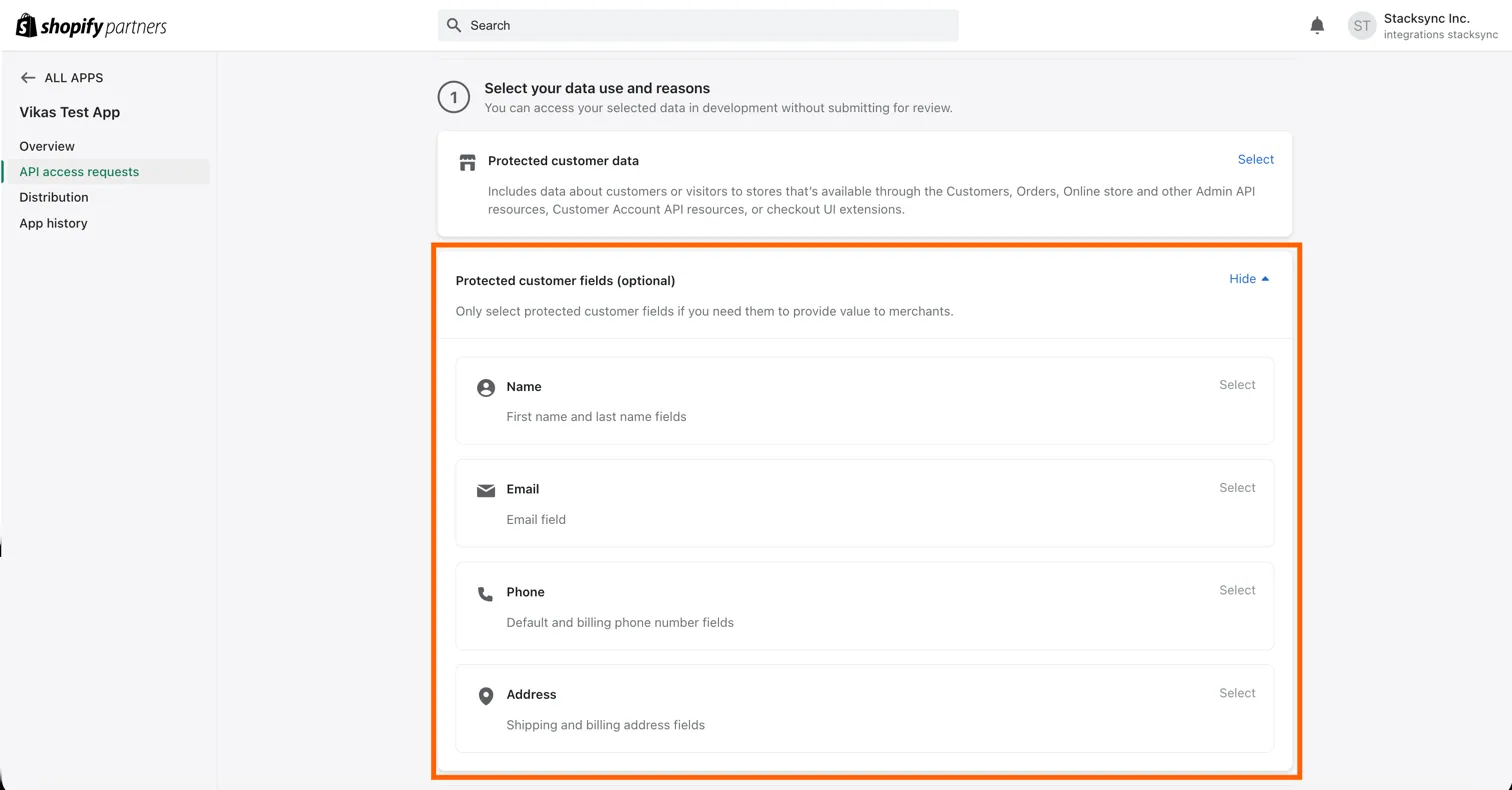 Shopify "Protected customer fields (optional)" panel highlighted, listing Name, Email, Phone and Address fields to select.