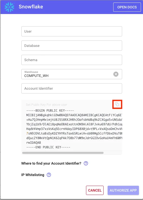 Stacksync Snowflake connection form with User, Database, Schema, Warehouse fields and the public key copy icon highlighted.