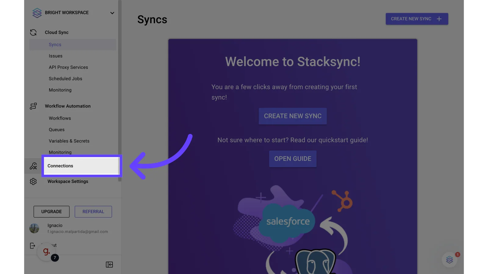Stacksync Syncs page with an arrow pointing to "Connections" in the left sidebar.