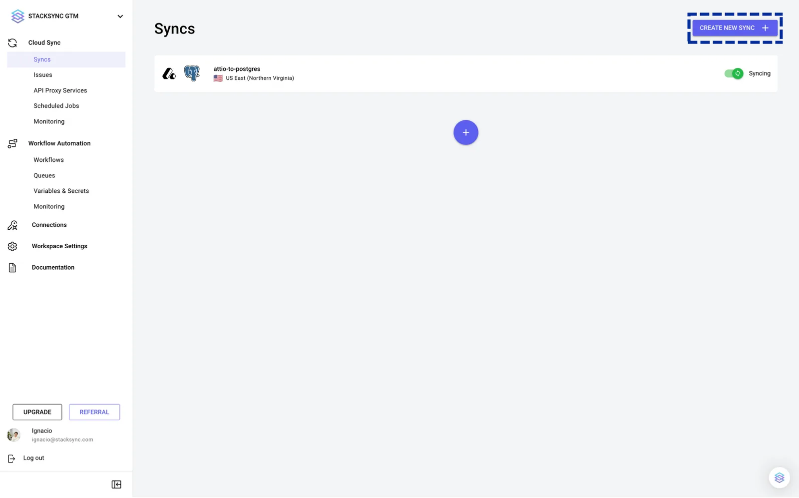 Stacksync Syncs page listing an existing sync, with the "Create New Sync" button highlighted in the top right.