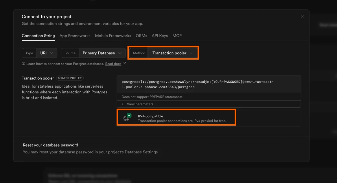 Supabase "Connect to your project" dialog with Method "Transaction pooler" and the "IPv4 compatible" badge highlighted next to the URI.