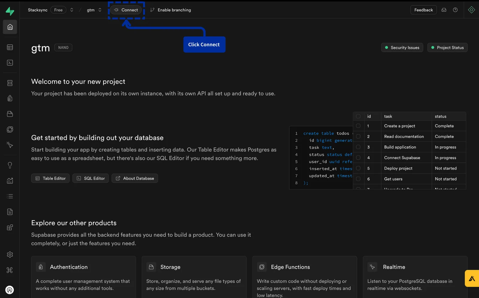 Supabase project dashboard with the "Connect" button in the top bar highlighted and labeled "Click Connect".