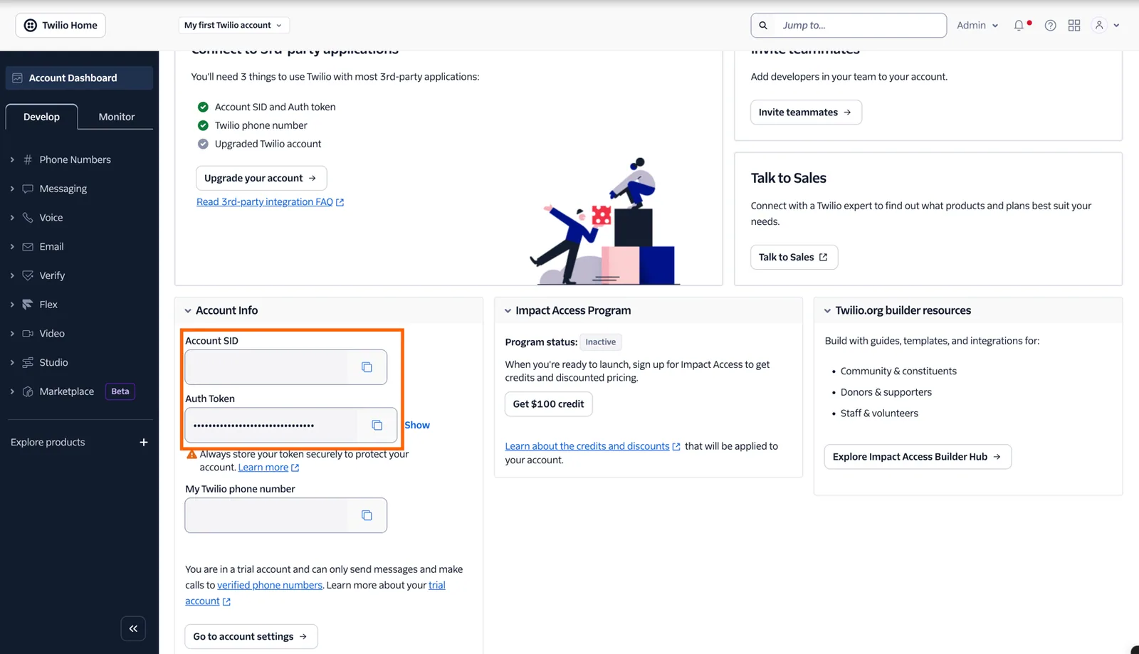 Twilio console Account Info panel with the Account SID and Auth Token fields highlighted for copying.