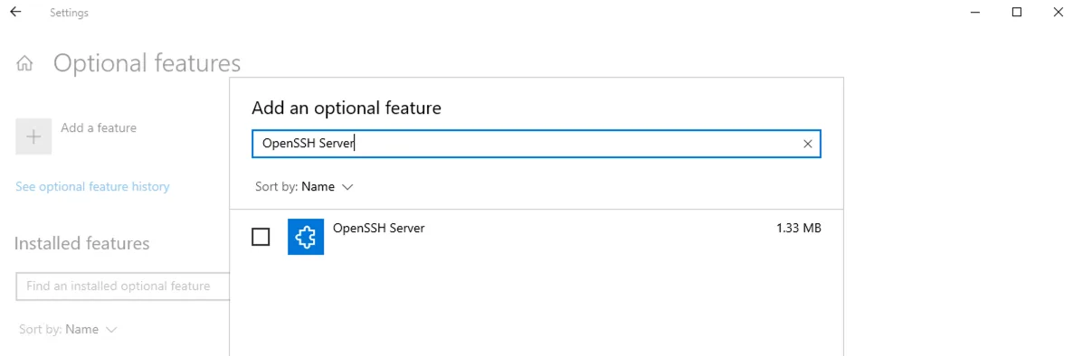 Windows "Add an optional feature" dialog with "OpenSSH Server" searched and listed, ready to install.