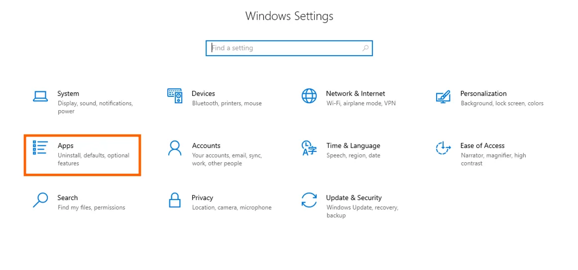 Windows Settings home with the "Apps" category highlighted.