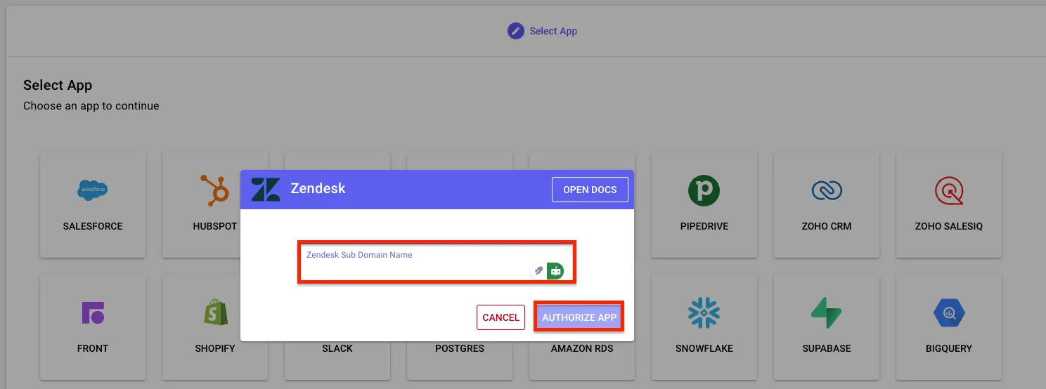 Stacksync Zendesk dialog with the "Zendesk Sub Domain Name" field and "Authorize App" button highlighted.