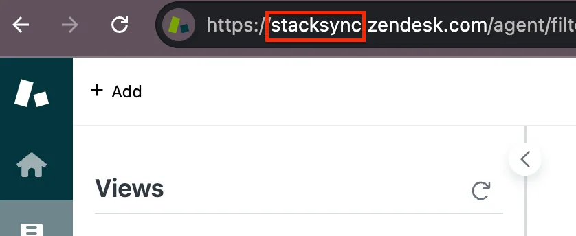 Browser address bar on a Zendesk agent page with the subdomain "stacksync" highlighted in the zendesk.com URL.