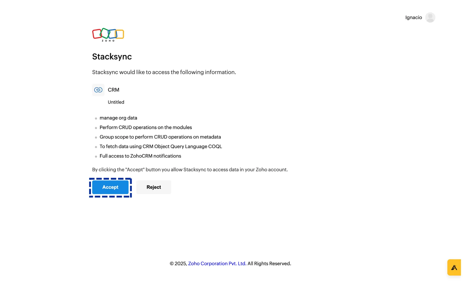 Zoho consent screen listing CRM permissions requested by Stacksync, with the "Accept" button highlighted.