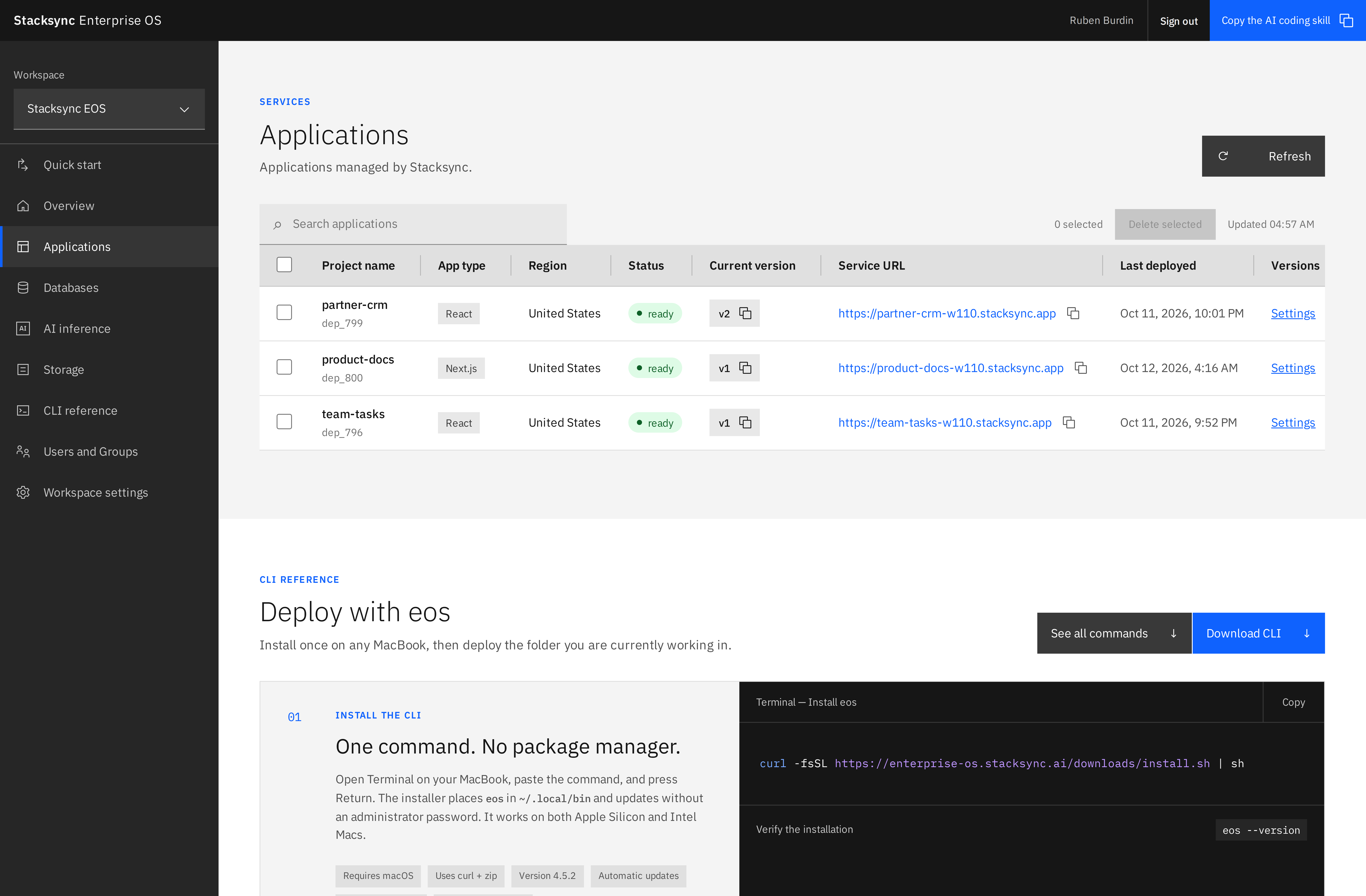 Applications in the Stacksync EOS workspace, with status, version, and service URL for each project.