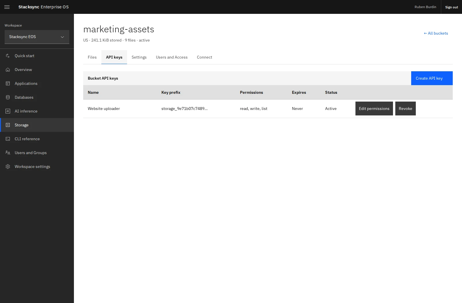Bucket API keys have explicit permissions and can be updated or revoked independently.
