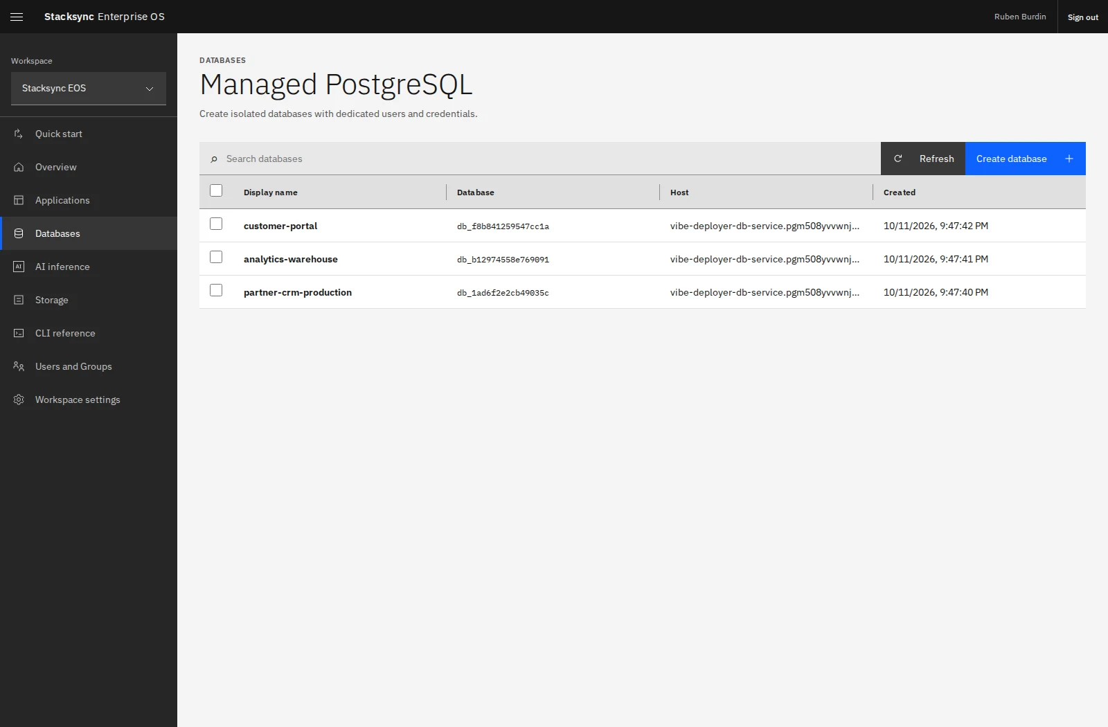 Managed PostgreSQL databases in the Stacksync EOS workspace.