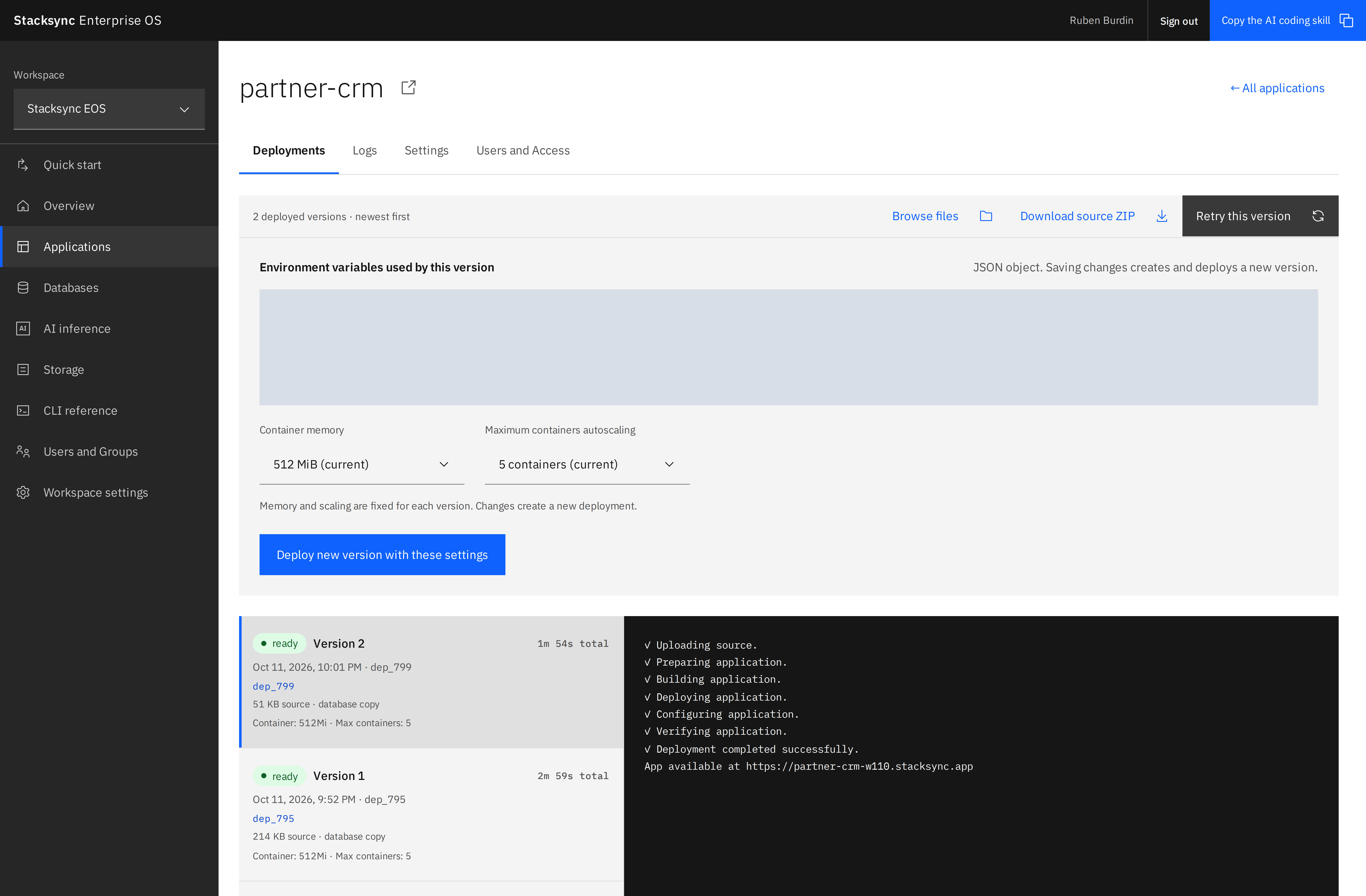The Deployments tab combines version history, environment variables, container memory, and the autoscaling limit. Credential-bearing variables are masked.