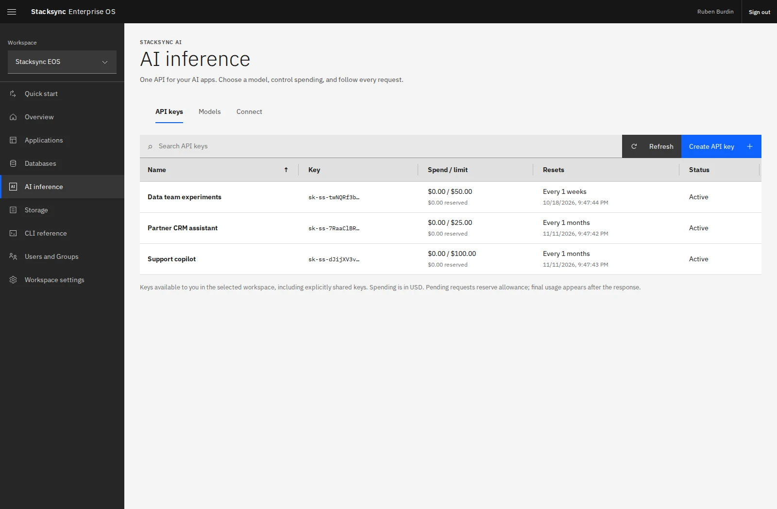 AI inference keys in the Stacksync EOS workspace, with spending limits, reset schedules, and status.