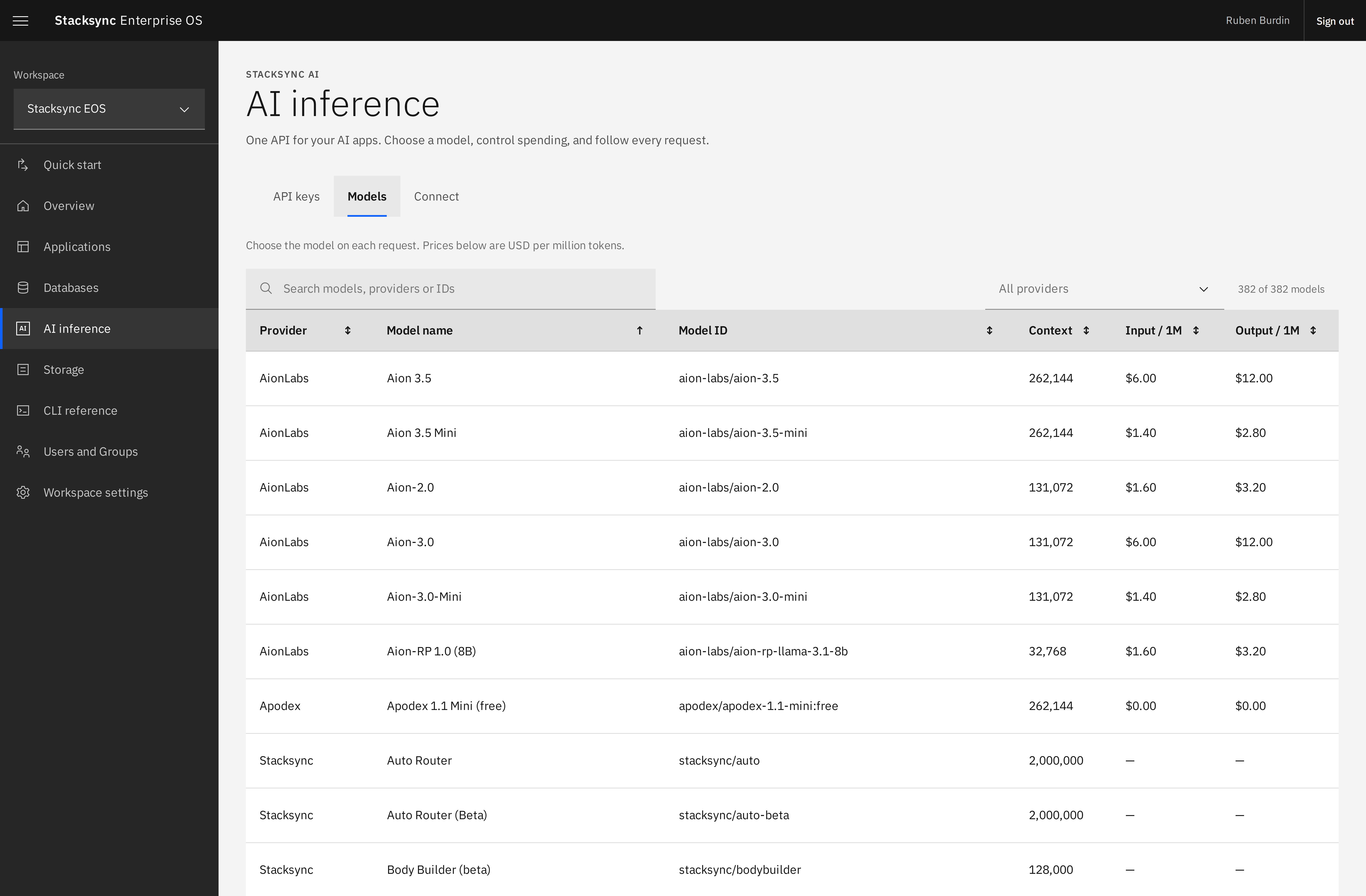 The Models tab provides a searchable catalog with model IDs, context lengths, and pricing. Availability changes over time.