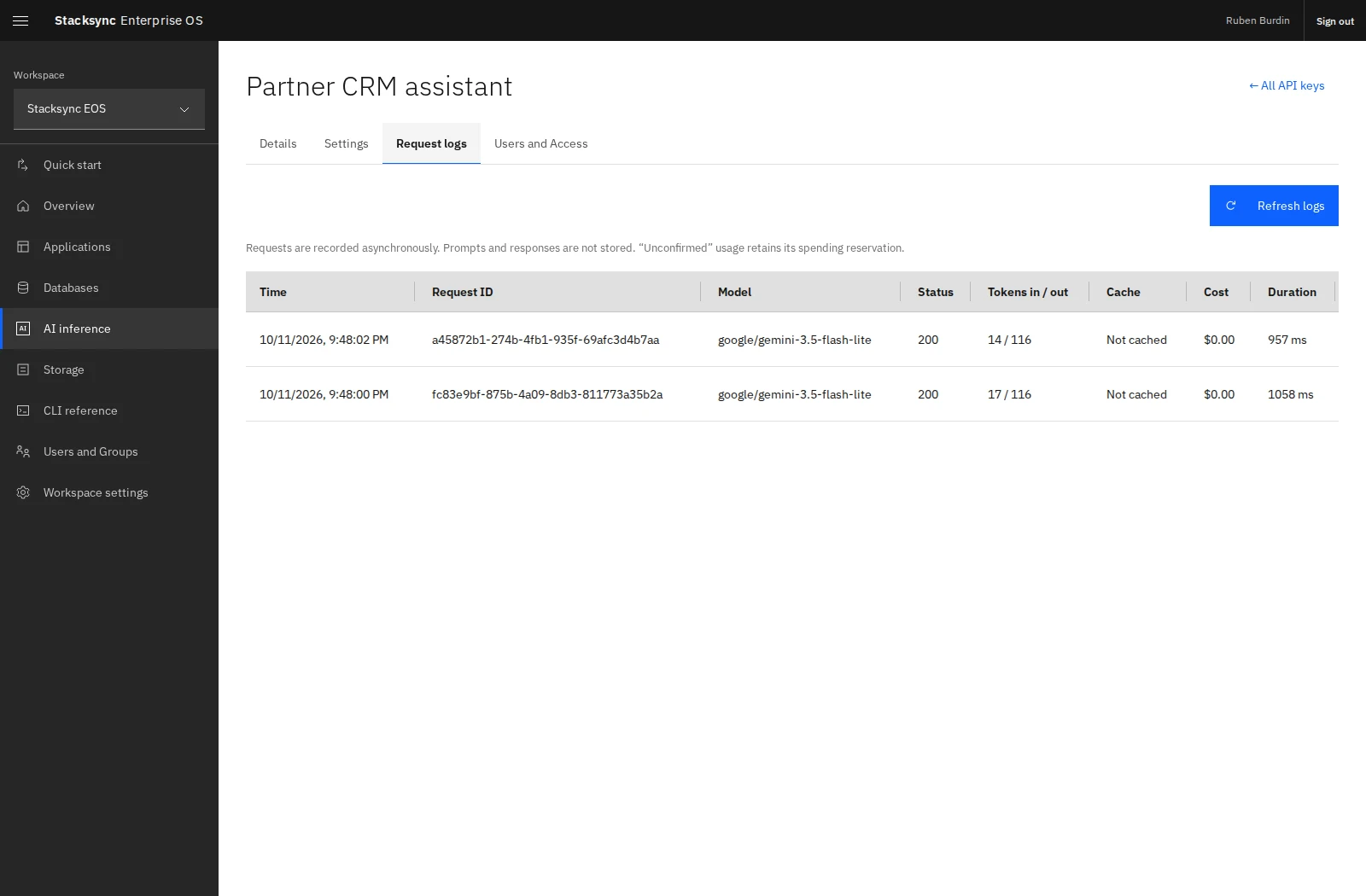 Request logs show model, HTTP status, token usage, cost, and duration without retaining prompts or responses.