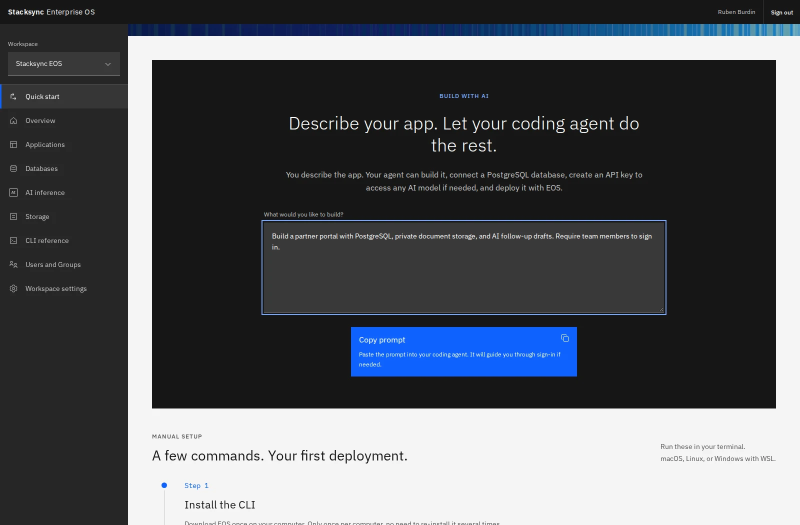 Describe an application and copy the deployment prompt from Quick start.