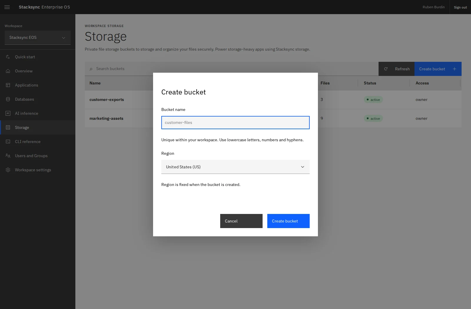 Create a private bucket and choose its storage region.