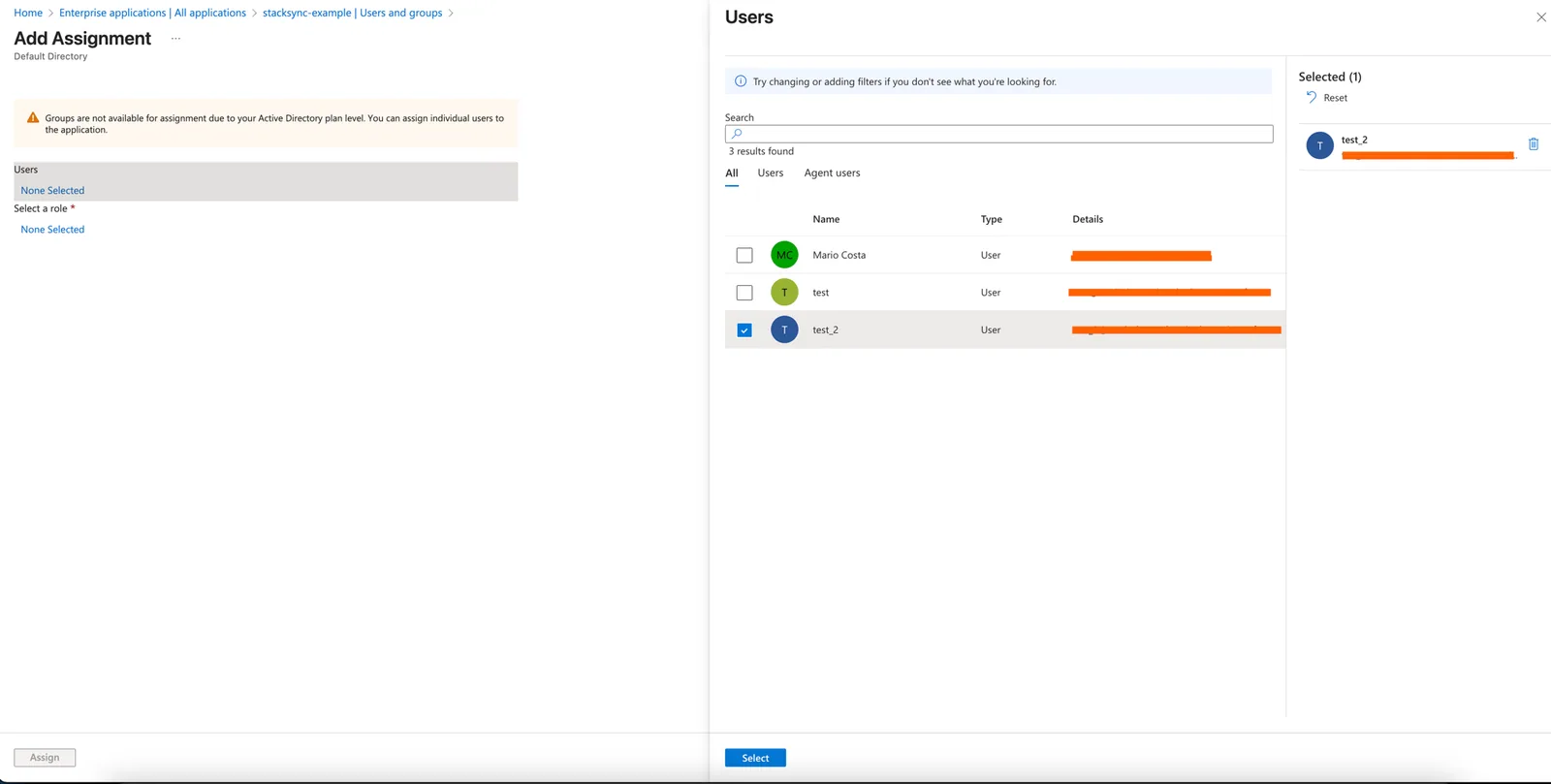 Azure Add Assignment for stacksync-example with the Users panel open and the user test_2 selected.