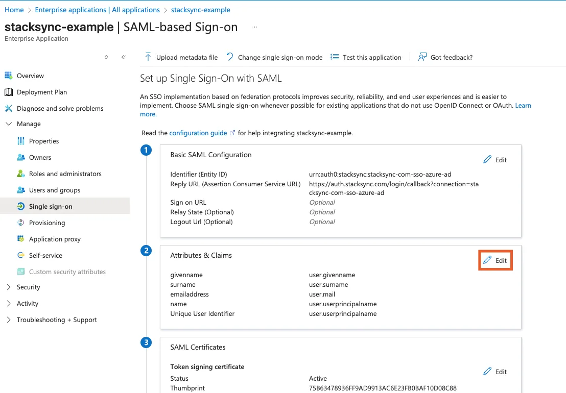 Azure stacksync-example SAML-based Sign-on page with the "Edit" button on the Attributes & Claims section highlighted.