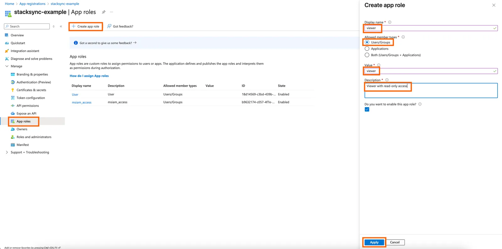 Azure stacksync-example App roles with a "Create app role" panel for a "viewer" role (Users/Groups, read-only access) and Apply.