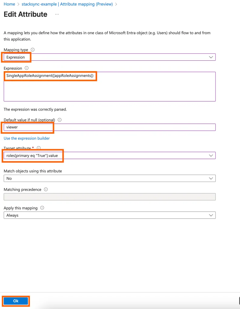 Azure Edit Attribute with Expression SingleAppRoleAssignment([appRoleAssignments]), default "viewer", target roles[primary eq "True"].value.