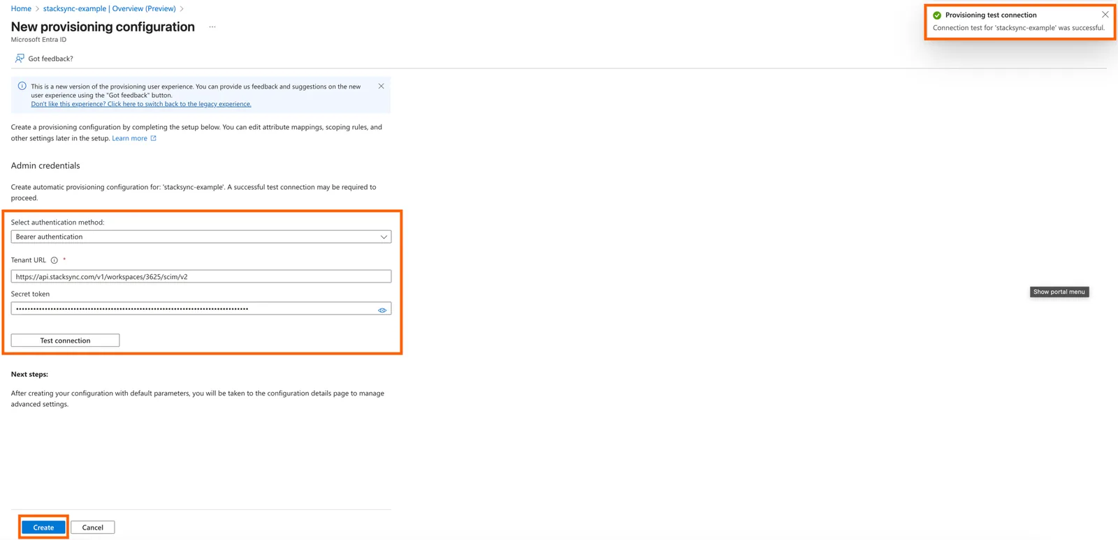 Azure New provisioning configuration with Bearer authentication, Stacksync SCIM Tenant URL and Secret token, a successful test, and Create.