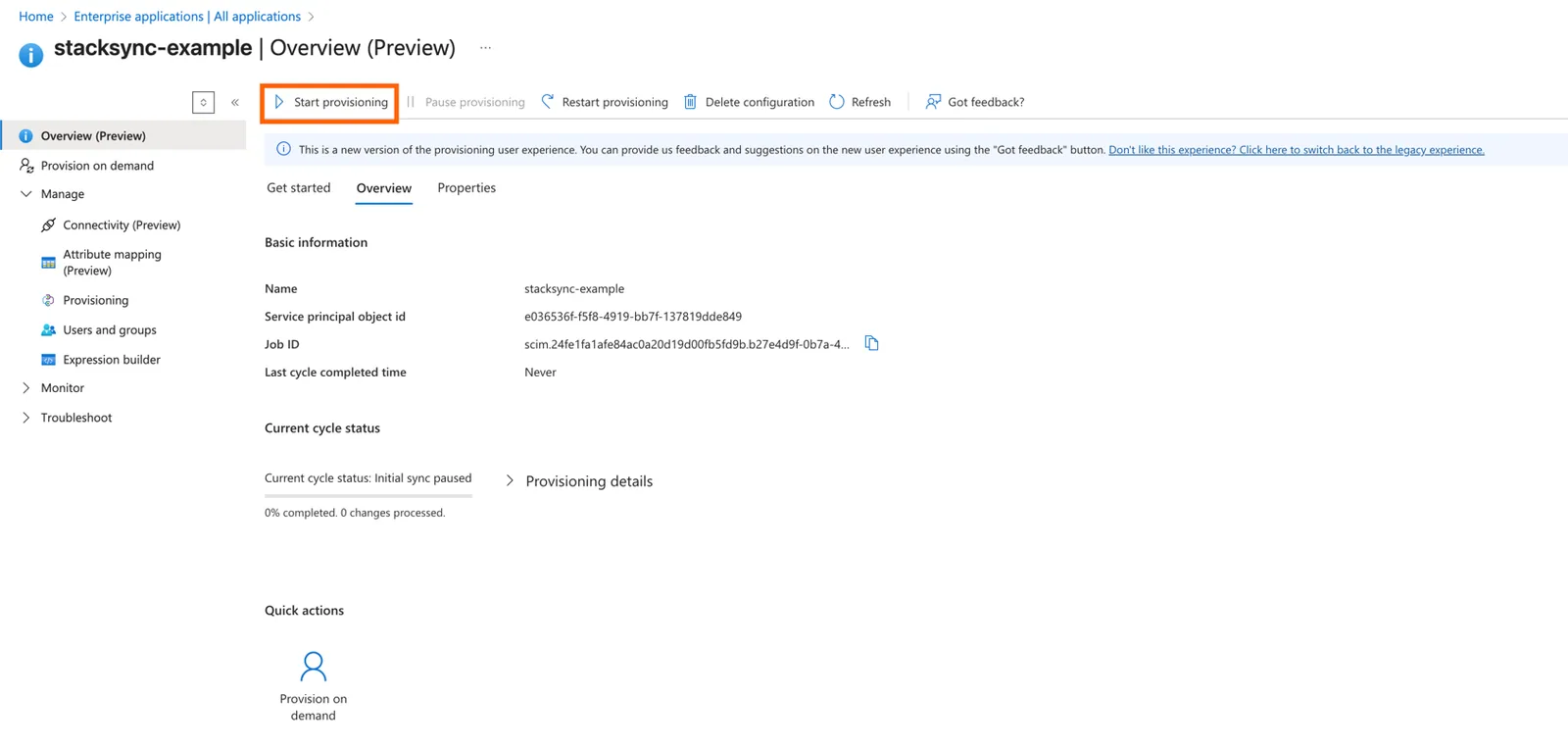 Azure stacksync-example provisioning Overview page with the "Start provisioning" button highlighted.